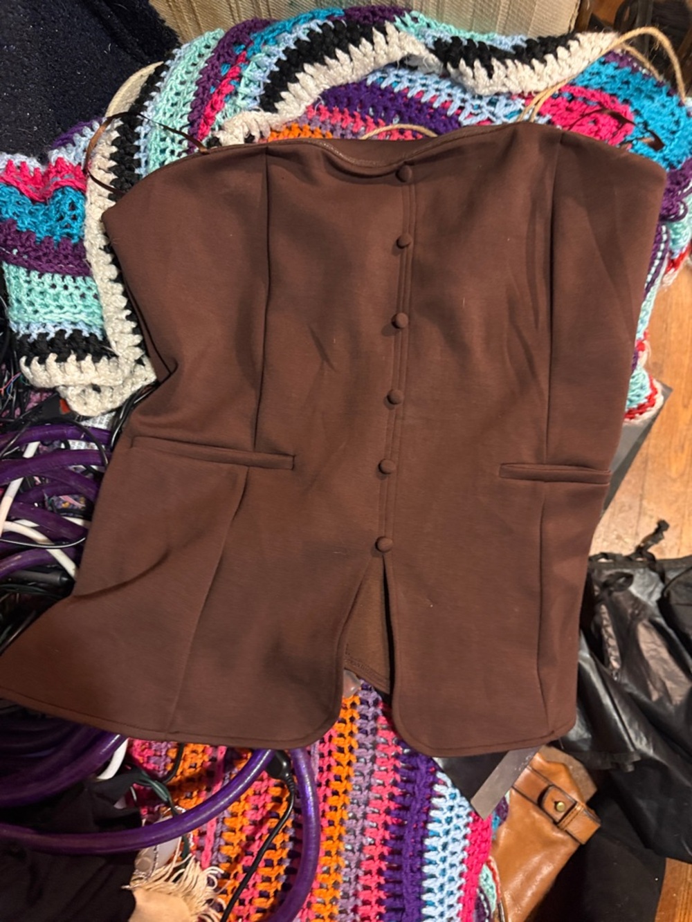 Strapless Brown Button-Front Bustier Top